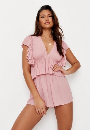 MISSGUIDED petite rose frill sleeve plunge playsuit ~ pink playsuits