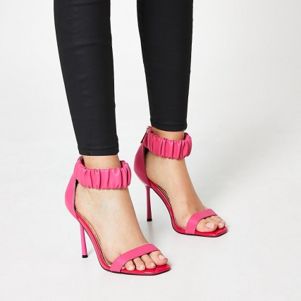 RIVER ISLAND Pink barely there sandal ~ ruched ankle strap heels - flipped