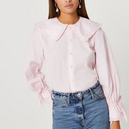 River Island Pink collar frill shirt / ruffle trim shirts with oversized collars and tie cuff detail - flipped