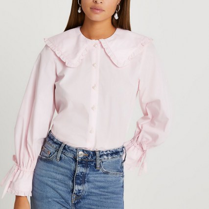 River Island Pink collar frill shirt / ruffle trim shirts with oversized collars and tie cuff detail