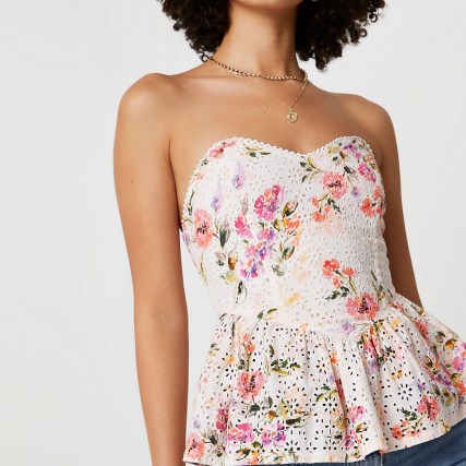 River Island Pink floral broderie corset | strapless fitted peplum top - flipped