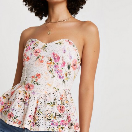 River Island Pink floral broderie corset | strapless fitted peplum top