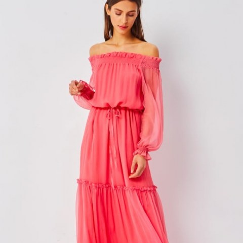 SaintBy Grace Raspberry Pink Silk Maxi Dress / boho bardot dresses / off the shoulder - flipped