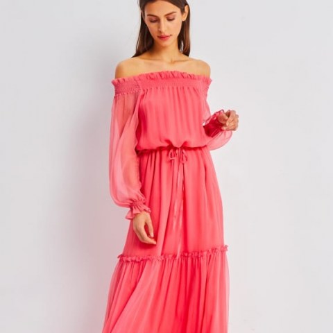 SaintBy Grace Raspberry Pink Silk Maxi Dress / boho bardot dresses / off the shoulder
