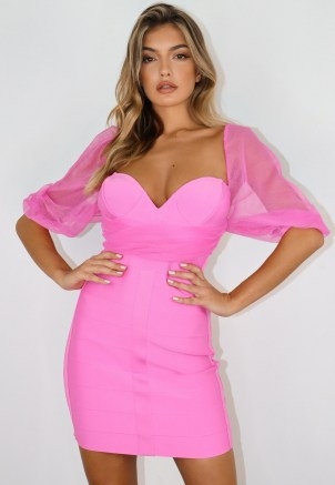 Missguided pink mesh ruched milkmaid bandage mini dress ~ glamorous party bodycon with sheer sleeves, plunging sweetheart neckline and a fitted silhouette - flipped