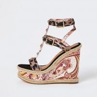 RIVER ISLAND Pink paisley print wedges / ornate strappy high wedge heels