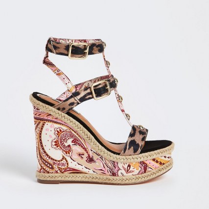 RIVER ISLAND Pink paisley print wedges / ornate strappy high wedge heels - flipped