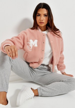 MISSGUIDED pink pastel borg teddy varsity jacket ~ textured outerwear - flipped