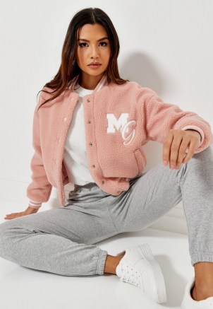 MISSGUIDED pink pastel borg teddy varsity jacket ~ textured outerwear