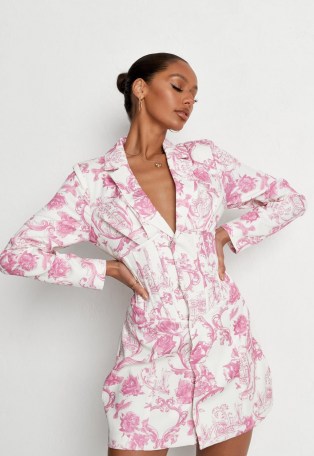 MISSGUIDED pink porcelain print corset blazer dress – cinched waist jacket dresses - flipped