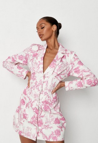 MISSGUIDED pink porcelain print corset blazer dress – cinched waist jacket dresses