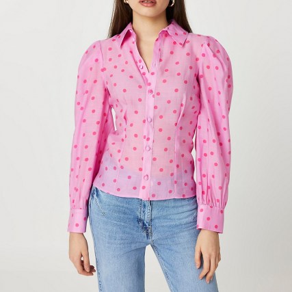 RIVER ISLAND Pink spot print long sleeve shirt / polka dot volume sleeved shirts - flipped