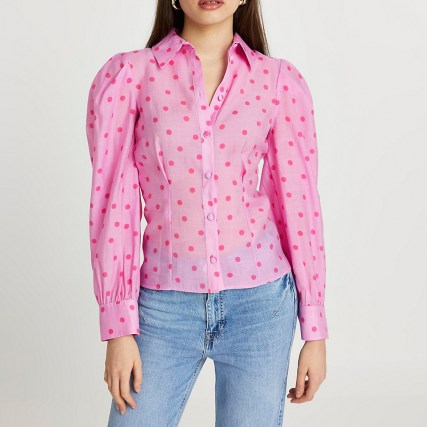 RIVER ISLAND Pink spot print long sleeve shirt / polka dot volume sleeved shirts