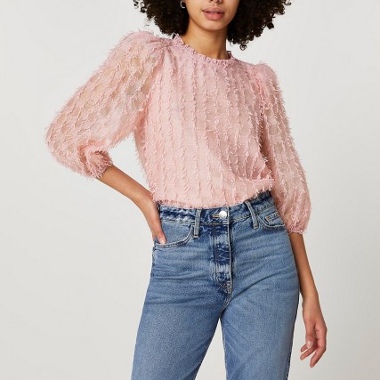 RIVER ISLAND Pink textured long sleeve blouse top ~ romantic style fashion - flipped