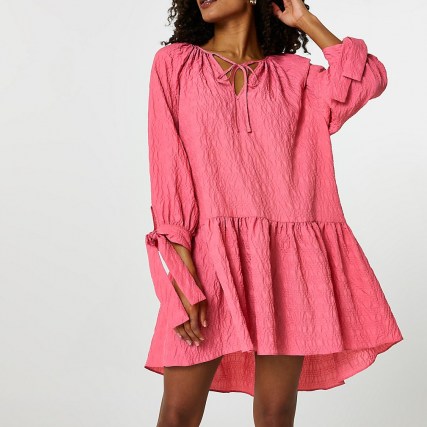 RIVER ISLAND Pink textured tie neck smock dress ~ voluminous smocked dresses ~ fashion with volume - flipped