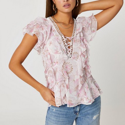 RIVER ISLAND Pink tie front ruffle top / feminine floral tops - flipped
