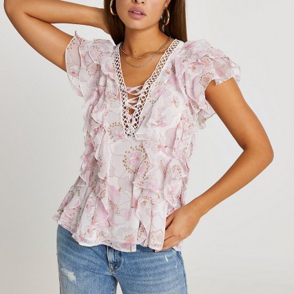 RIVER ISLAND Pink tie front ruffle top / feminine floral tops