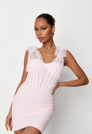 MISSGUIDED pink tie shoulder corset overlay mini dress – fitted going out dresses - flipped