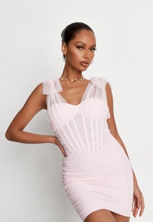 MISSGUIDED pink tie shoulder corset overlay mini dress – fitted going out dresses
