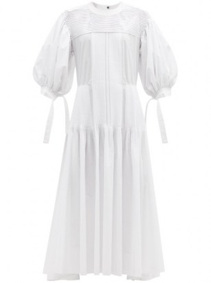 JIL SANDER Pintucked cotton maxi dress | white puff sleeve summer dresses - flipped