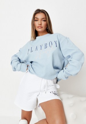 playboy x missguided light blue lifestyle waffle classic sweatshirt ~ slogan sweat top