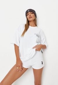 playboy x missguided white lifestyle t shirt and cycling shorts co ord set ~ casual fashion sets