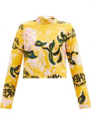 MARNI Tie-back floral-print cotton top / yellow long sleeve slogan tops - flipped