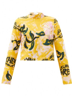 MARNI Tie-back floral-print cotton top / yellow long sleeve slogan tops