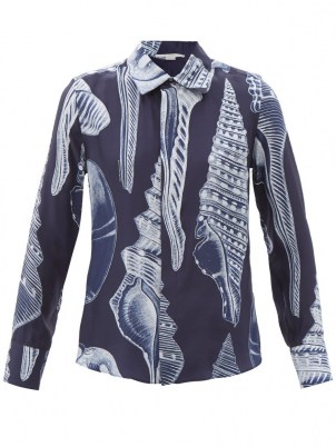 STELLA MCCARTNEY Willow shell-print silk-crepe shirt / women’s navy printed shirts - flipped