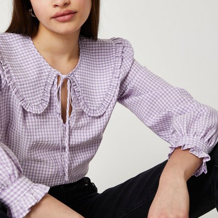 RIVER ISLAND Purple check print collar blouse top / checked tops with oversized collars - flipped