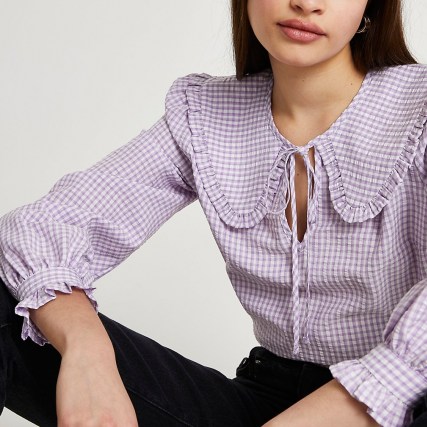 RIVER ISLAND Purple check print collar blouse top / checked tops with oversized collars