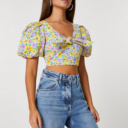 River Island Purple floral tie front puff sleeve crop top | cropped hem summer tops - flipped