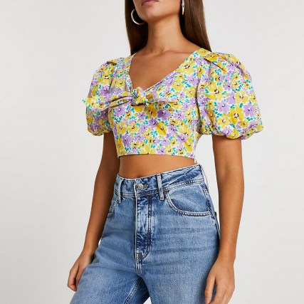 River Island Purple floral tie front puff sleeve crop top | cropped hem summer tops