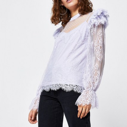River Island Purple long sleeve lace blouse top ~ sheer sleeve tops ~ romantic style blouses - flipped