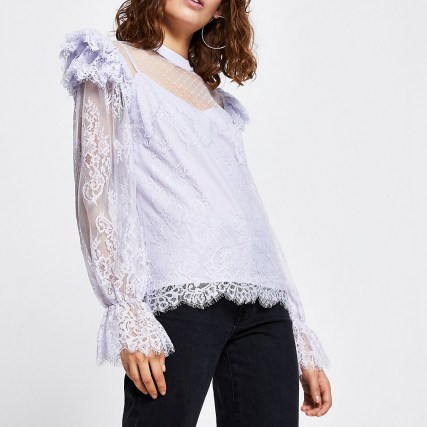 River Island Purple long sleeve lace blouse top ~ sheer sleeve tops ~ romantic style blouses