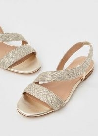 L.K. BENNETT RACHEL GOLD LUREX ROPE FLAT SANDALS / metallic slingback flats with asymmetric front strap / women’s footwear for summer 2021