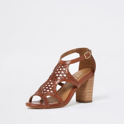 Ravel beige cut out leather heel block sandal ~ brown woven front sandals - flipped