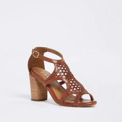 Ravel beige cut out leather heel block sandal ~ brown woven front sandals