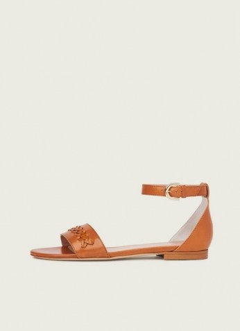 L.K. BENNETT REBECCA TAN SMOOTH CALF LEATHER FLAT SANDALS ~ brown ankle strap flats - flipped