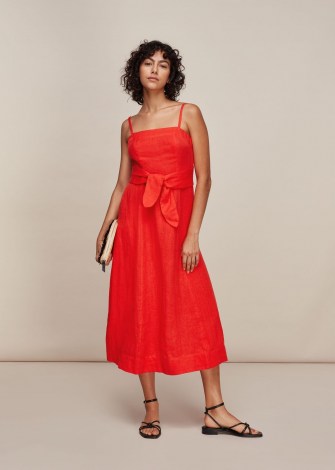 WHISTLES LINEN TIE FRONT STRAPPY DRESS RED / bright strappy summer dresses - flipped