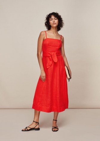 WHISTLES LINEN TIE FRONT STRAPPY DRESS RED / bright strappy summer dresses