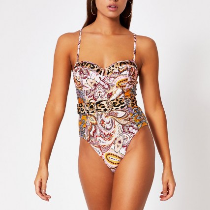 RIVER ISLAND Red mixed print balconette belted swimsuit / paisley swimsuits - flipped