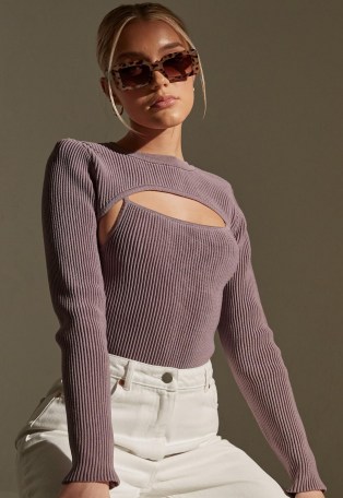 MISSGUIDED re_styld mauve rib layered knit bodysuit | ribbed bodysuits - flipped