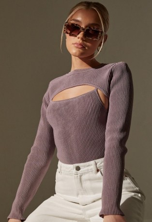 MISSGUIDED re_styld mauve rib layered knit bodysuit | ribbed bodysuits