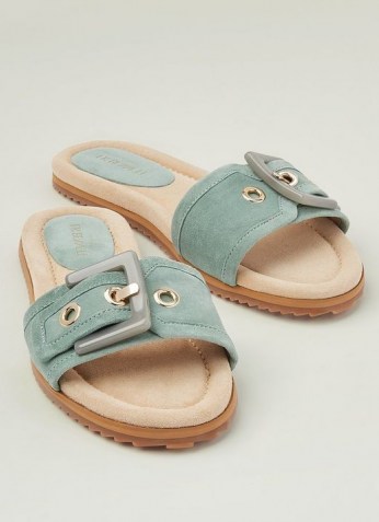 L.K. BENNETT ROBYN PALE BLUE SUEDE BUCKLE MULE SANDALS ~ casual flat buckled mules ~ summer slides - flipped