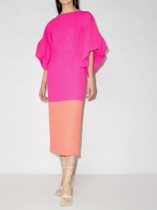 Roksanda Garance two-tone dress – volume sleeve open back dresses – pink and orange colour block clothing