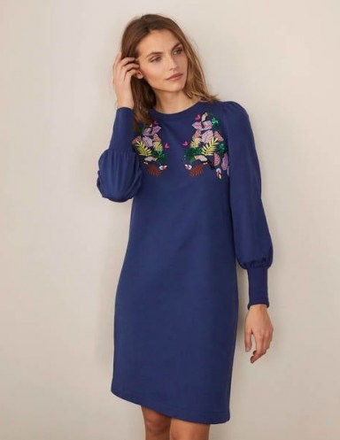 BODEN Romona Sweatshirt Dress / blue floral embroidered sweat dresses - flipped