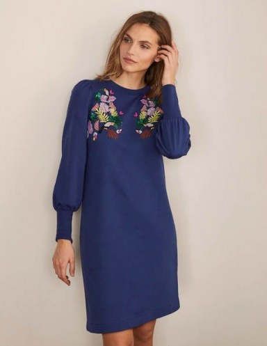 BODEN Romona Sweatshirt Dress / blue floral embroidered sweat dresses