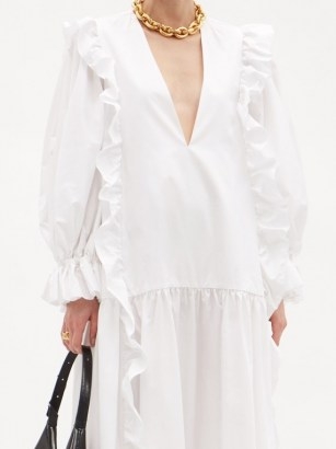 ELZINGA Ruffled cotton-poplin maxi dress ~ white ruffled drop waist dresses - flipped