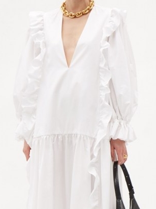 ELZINGA Ruffled cotton-poplin maxi dress ~ white ruffled drop waist dresses